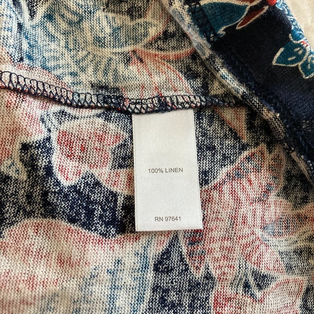 J Jill Sarasa Ruffled Tropical Ruffled Top 100% Linen Elastic Shoulder Navy Blue - Picture 7 of 8